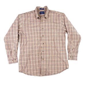 Pendleton Button Down Shirt Mens Medium Red Tan Plaid Wrinkle Resistant